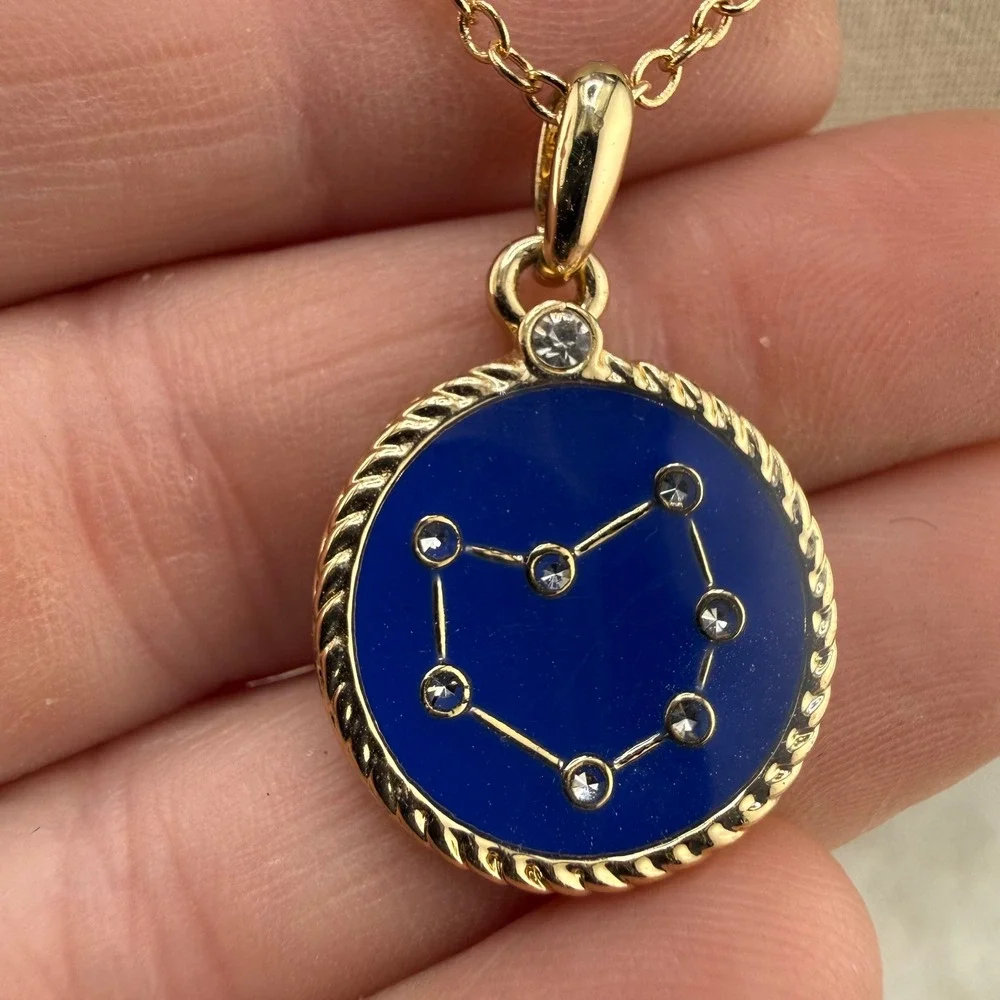 Zodiac Celestial Necklace Gold Blue Enamel Constellation Pendant 17in